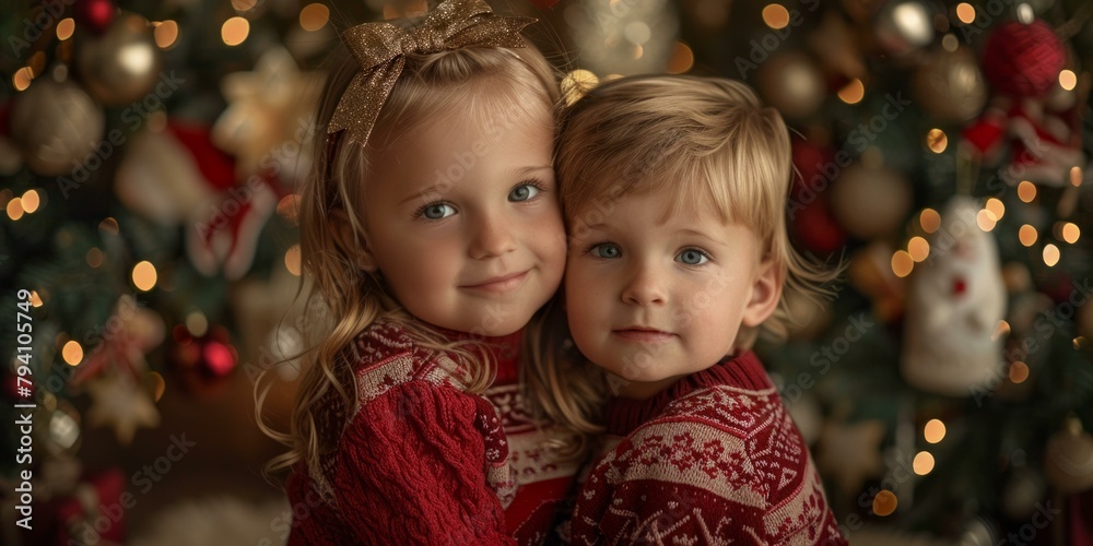 b'Two young children, a boy and a girl, pose for a photo in front of a decorated Christmas tree.' b'Two young children, a boy and a girl, pose for a photo in front of a decorated Christmas tree.'