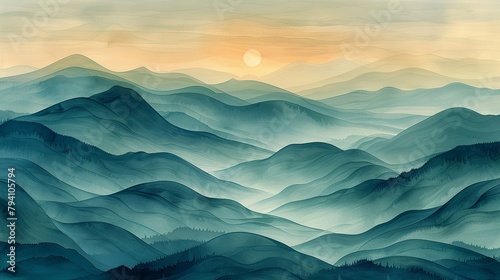 An abstract landscape of rolling hills and valleys with delicate linework defining the terrain against a backdrop of soft photo