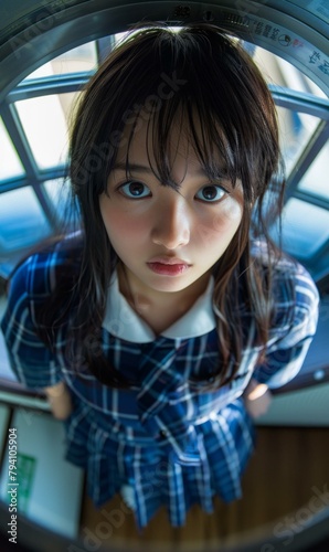 b'A young Japanese school girl looking down at the camera through a porthole' photo