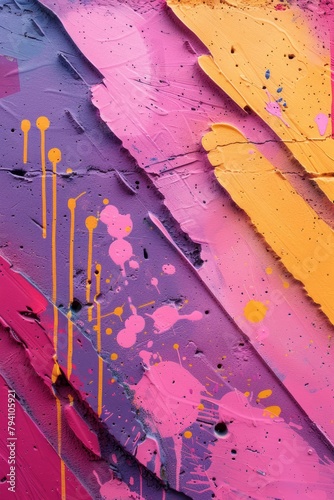 Part of colorful wall with graffiti spray strokes. Pink, purple, yellow color splash, flows, streaks of paint and paint sprays