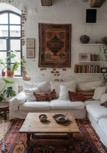 A cozy living room with a white sofa, patterned rug, and brick walls