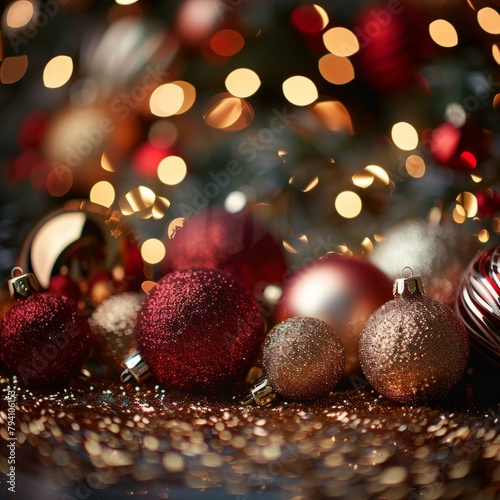 b'Red and gold Christmas ornaments with blurred lights in the background'