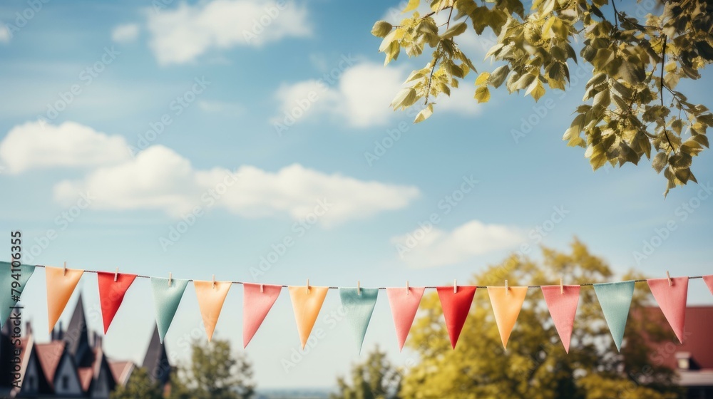 b'Colorful triangular flags hanging from a string against the backdrop of a blue sky and a few wispy white clouds'