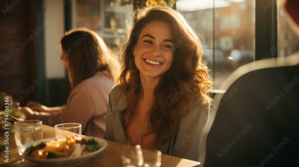 b'A smiling woman sitting at a table in a restaurant with friends'