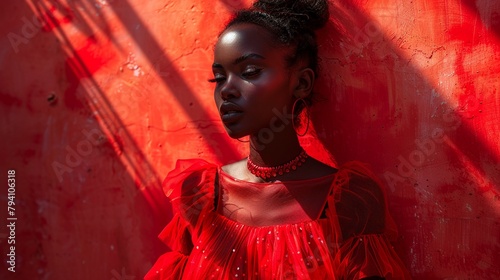 Realistic photographs of fashion editorials utilize high-contrast color combinations and moody lighting to create visually striking compositions with models posing against dramatic backdrops 