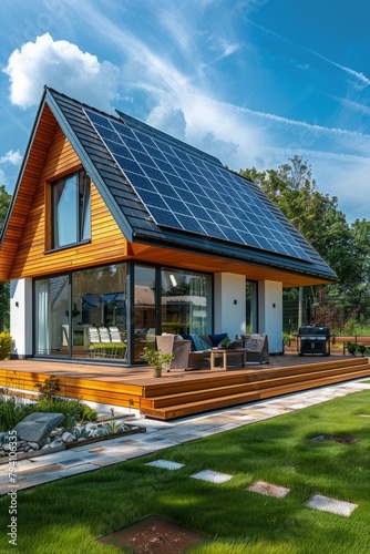 New suburban house with a photovoltaic system on the roof. Modern eco friendly passive house with landscaped yard. Solar panels on the gable roof