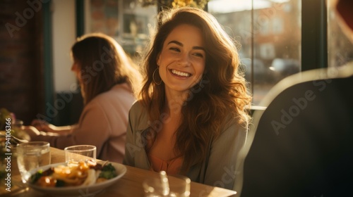 b A smiling woman sitting at a table in a restaurant with friends 