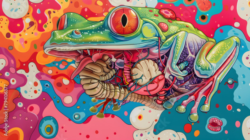educational and funny vibrant frog poster exploring animal's internal organ anatomy, vibrant watercolor painting, "Educational and Funny Frog Poster: Exploring Animal's Internal Organ Anatomy 