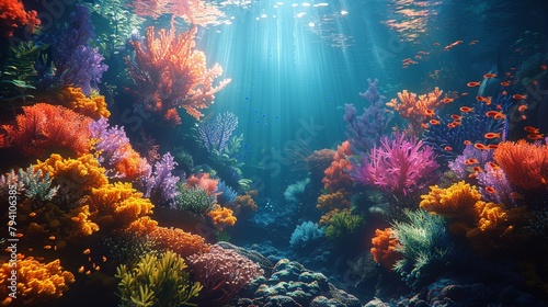 Render of an underwater scene with vibrant coral reefs and deep-sea creatures illuminated by shafts of light