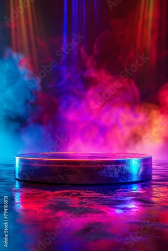Modern round empty platform podium stand for product presentation scene with glowing neon lighting. Futuristic empty stage mockup on rainbow flare background with colorful streaks of light. Front view
