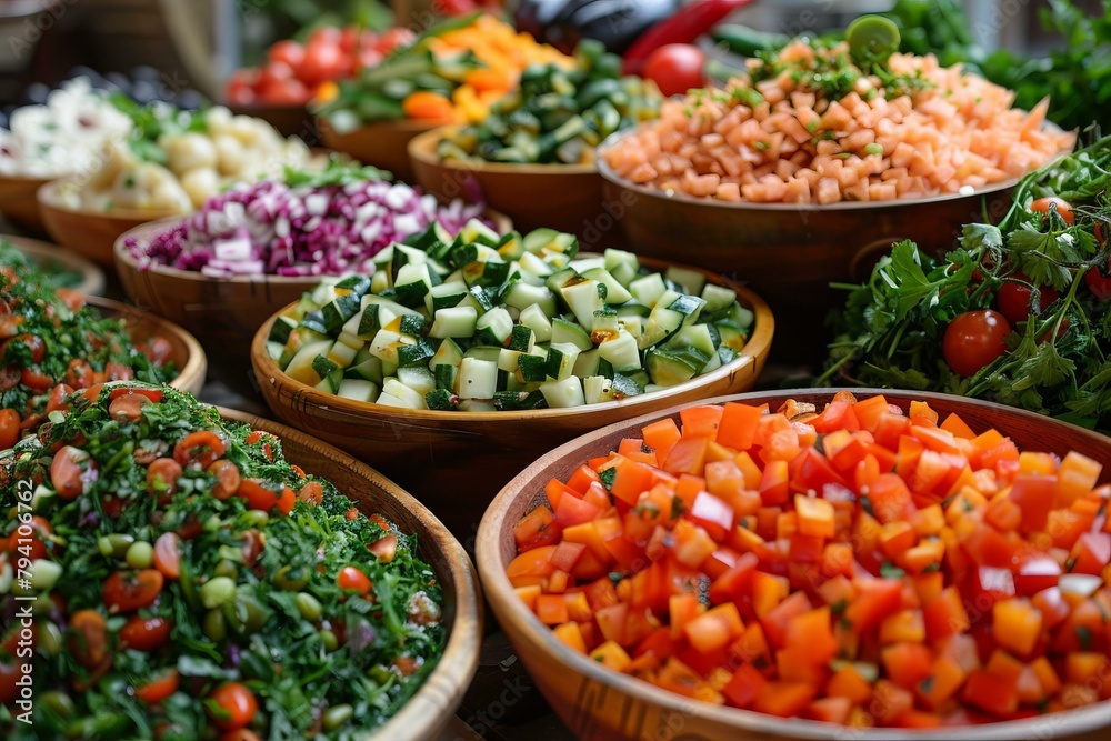 b'Various types of salads and other vegetable dishes'