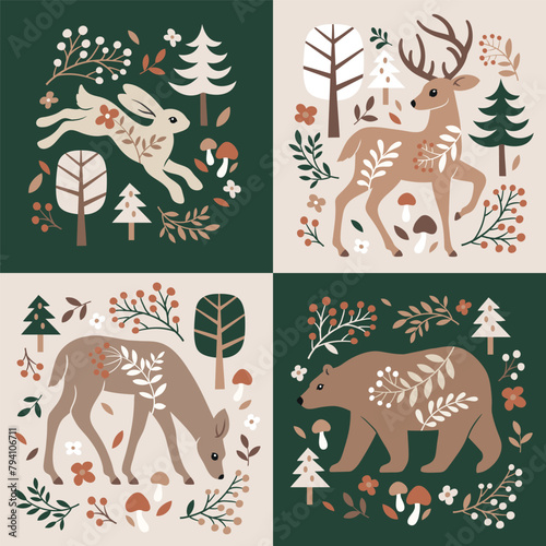 Cute woodland animals, mushrooms and leaves. Hand drawn Scandinavian woodland illustration. 