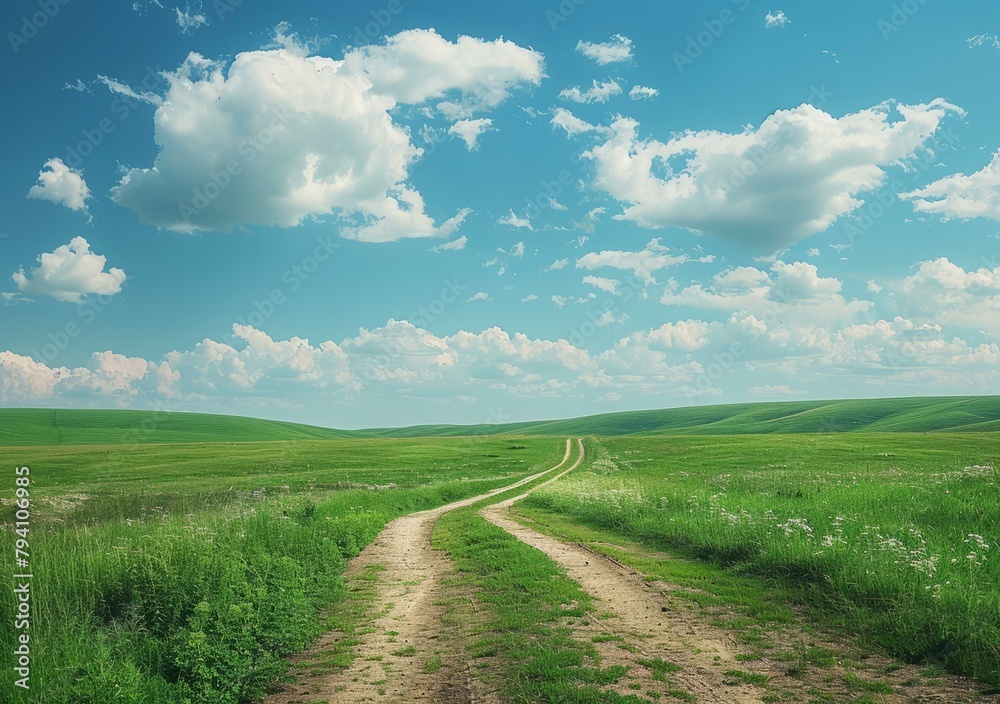 b'Countryside dirt road through green fields' b'Countryside dirt road through green fields'