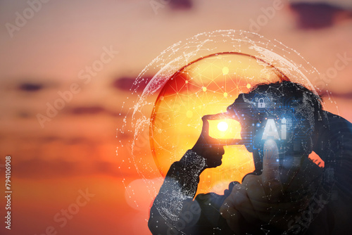 A photographer silhouetted against a vibrant sunset, with a futuristic AI network overlay symbolizing technology integration.