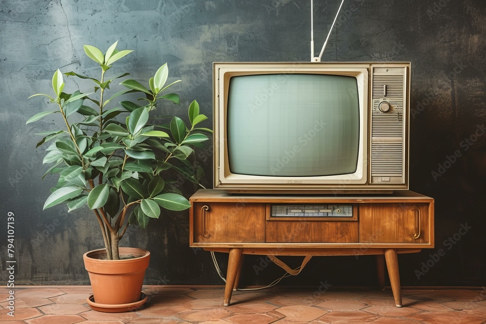b'Retro television set with indoor plant'