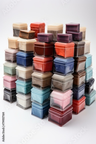 b'A Stack of Colorful Plastic Boxes with Lids'