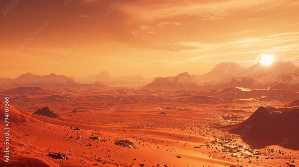 Fototapeta premium Wide panorama of mars - the red planet - landscape with mountains and impact crater during sunrise or sunset - 3D illustration. High quality photo