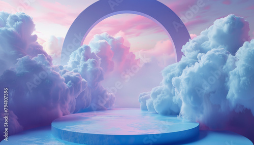 Surreal landscape with pastel clouds and a central archway on a platform, evoking a dreamlike or otherworldly atmosphere. © Na-No Photos