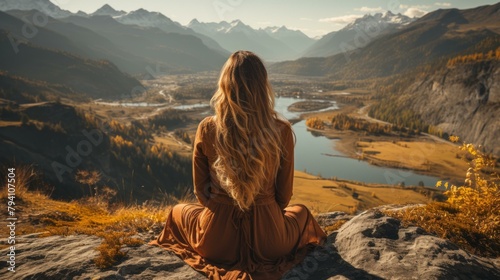 b'girl sitting on a rock enjoying the mountain view'