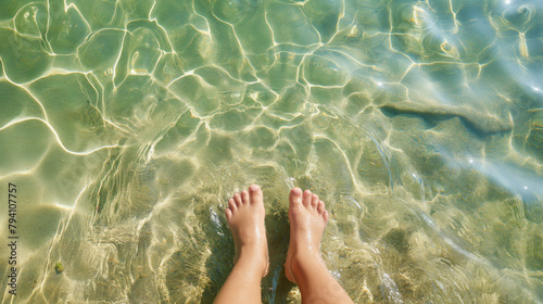 bare feet are resting in the shallow part of a clear ocean