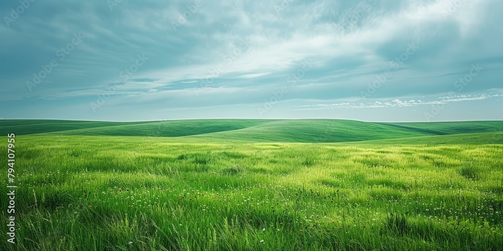 b'Green rolling hills under blue sky with clouds'