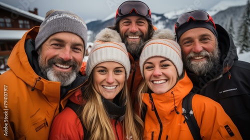 b'Group of friends on a snowy mountain' © Adobe Contributor