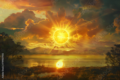 Solstice festival. Solstice, the summer winter solstice, with a golden sun rising over a tranquil landscape, symbolizing vitality, abundance, and the peak of daylight hours, in blue and golden tone. 