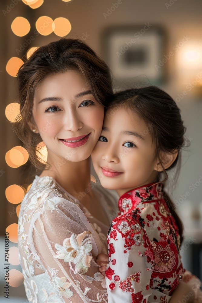 Happy Asian mother and daughter hugging on background .Chinese family people spending time together - lifestyle concept of love, relationship and parenthood