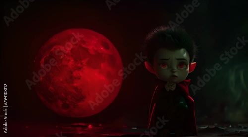 Young devil standing on large blood fullmoon backgrounds and dark sky.