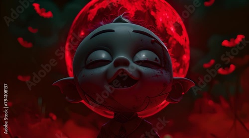 Young devil standing on large blood fullmoon backgrounds and dark sky.