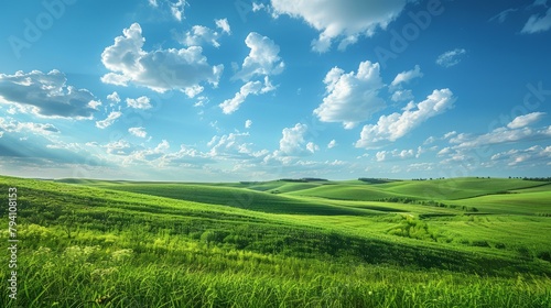 b Scenic landscape of green rolling hills under blue sky with white clouds 