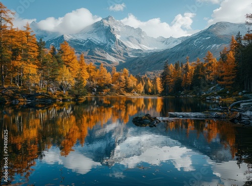 b'Scenic view of a mountain lake with a colorful forest in the fall season'