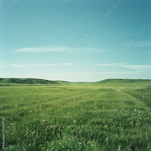 b'Vast green grassland under blue sky'