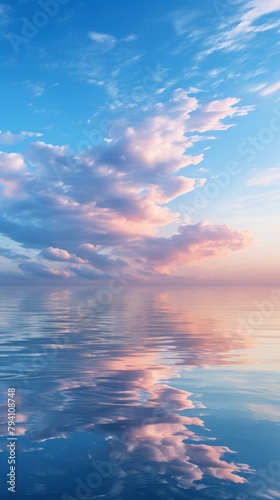 b'Blue sky and pink clouds over calm water'