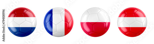 Euro 2024 Germany GROUP D teams ball flags. Transparent background. 3d illustration . 