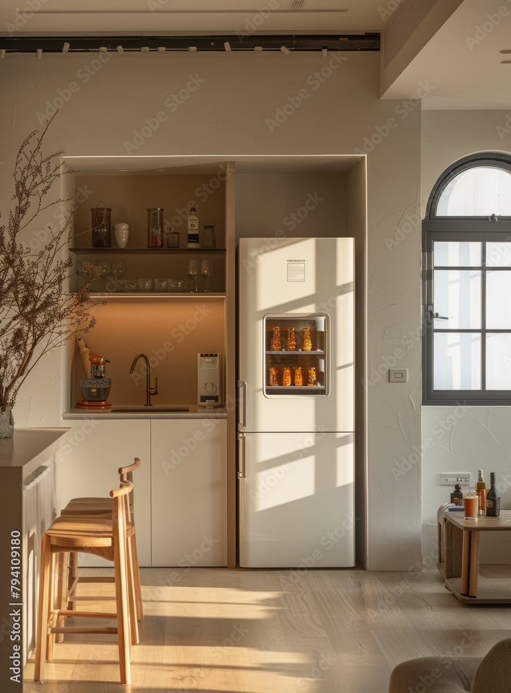 Fototapeta premium An elegant kitchen with a large fridge and a bar counter