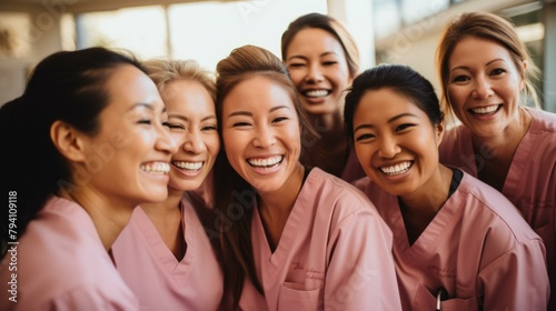 b'A group of female nurses in pink scrubs are posing for a photo. They are all smiling and laughing.' photo