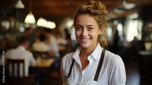 b'Portrait of a Smiling Waitress in a Busy Restaurant'