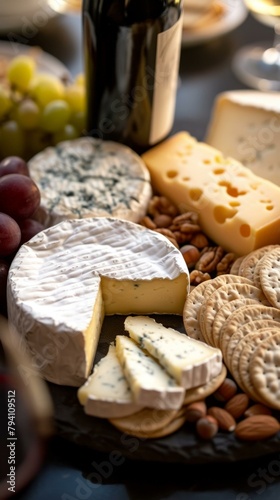 b'A variety of cheeses, grapes, and crackers are arranged on a slate board.'