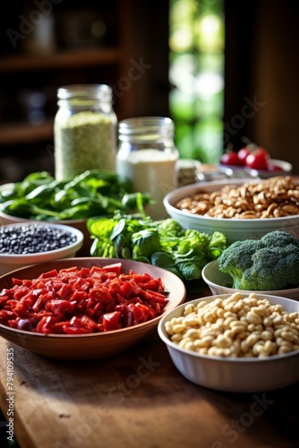 b'A variety of fresh vegetables and grains are arranged on a wooden table.'