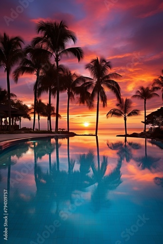 b'Palm trees at sunset over the ocean with a swimming pool in the foreground'