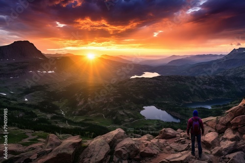 b'Hiker on mountain peak watching sunset over mountain valley landscape' © Adobe Contributor