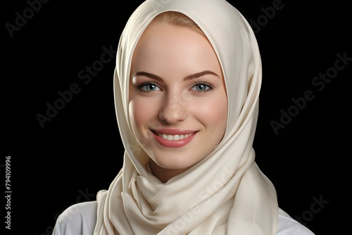 b'A young blonde woman wearing a white headscarf smiles at the camera.' © Adobe Contributor