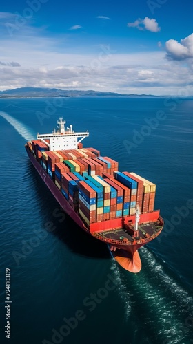 b'A large container ship sails through the ocean'
