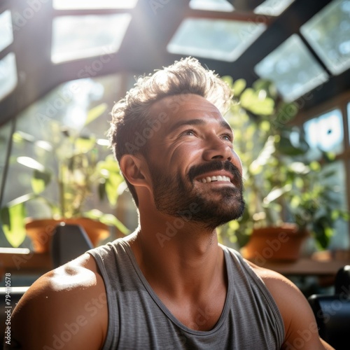 b'Portrait of a smiling man with beard in a sunny room'