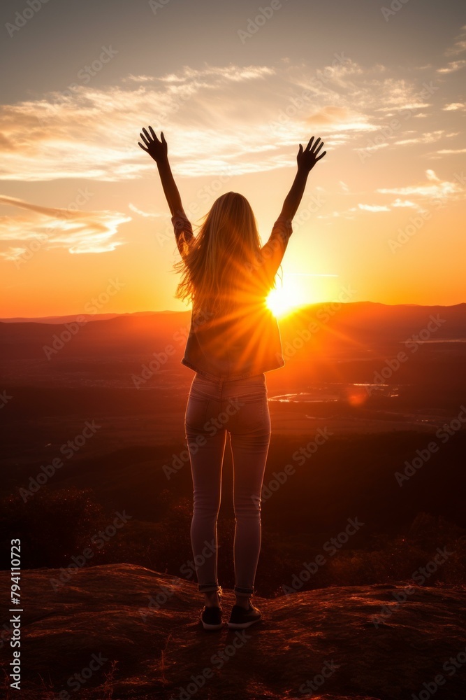 Fototapeta premium b'girl standing on a mountaintop with her arms in the air'
