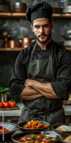Confident Chef Posing with Crossed Arms in a Restaurant Kitchen