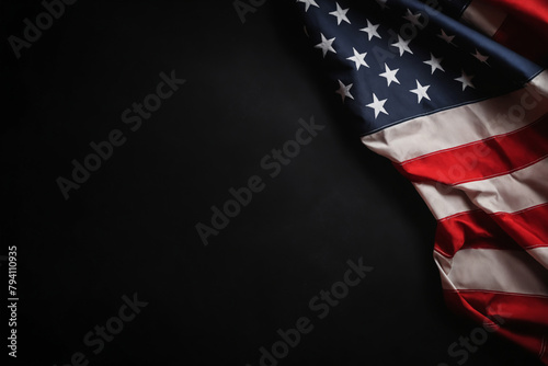 American flag on black background with free space. 4th July Veterans or US Independence day.