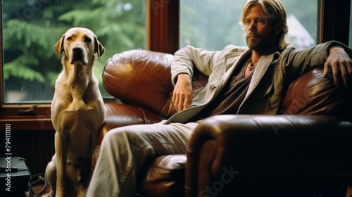 b'A man and his dog are sitting on a couch and looking out the window.'