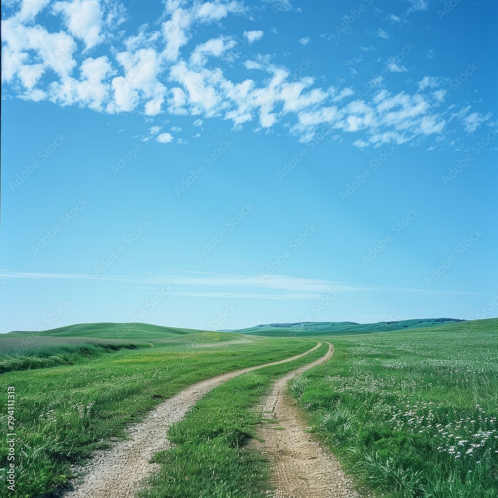 b'The dirt road through the grassy hills'